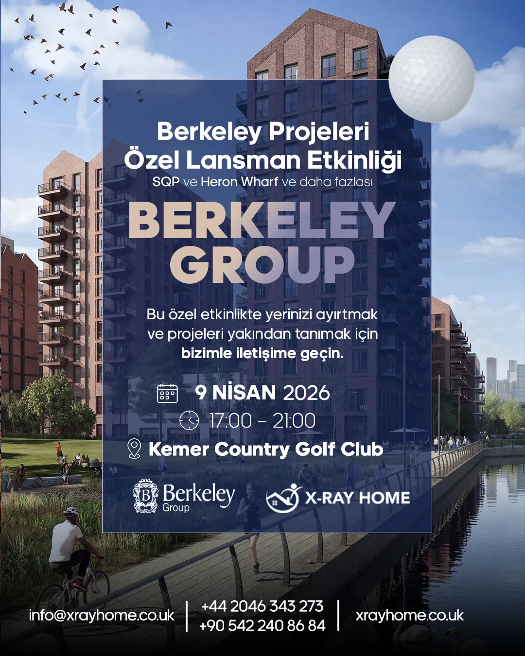 Promotional poster for a Berkeley Group event at Kemer Country Golf Club with Turkish text and a large golf ball on the top right; date 9 Nisan 2026, 17:00–21:00.