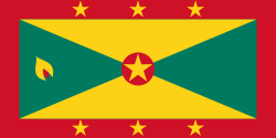Flag of Grenada with green diagonal fields split by a yellow cross, red border with yellow stars, a central red disk containing a yellow star, and a nutmeg emblem on the hoist.