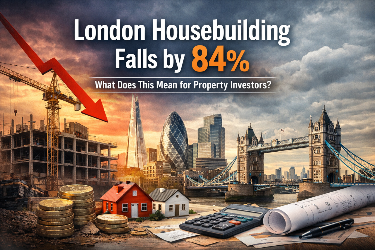 London skyline with construction crane and headline “London Housebuilding Falls 84%” illustrating property market supply shortage and investment outlook.