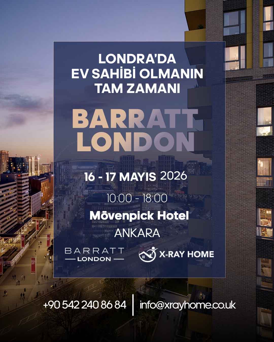 Poster over a cityscape announcing a Barratt London event in Ankara, May 16–17, 2026, 10:00–18:00.