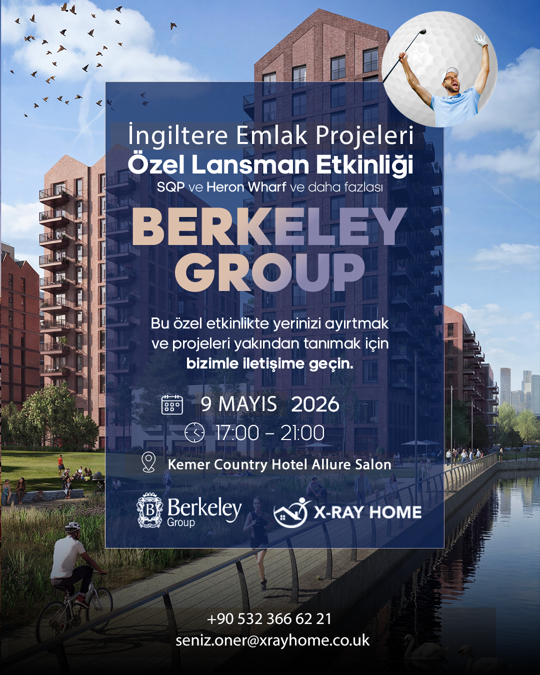 Poster for a Berkeley Group private launch event with Turkish text, including date 9 Mayıs 2026 and time 17:00–21:00 at Kemer Country Hotel Allure Salon; contact info at bottom; logos shown.