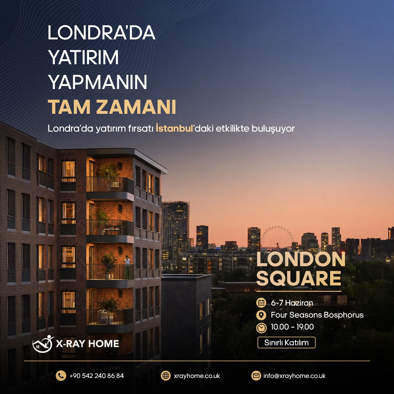 Promotional poster for London's London Square investment event by X-Ray Home, showing a sunset city skyline and a brick apartment building with event details.
