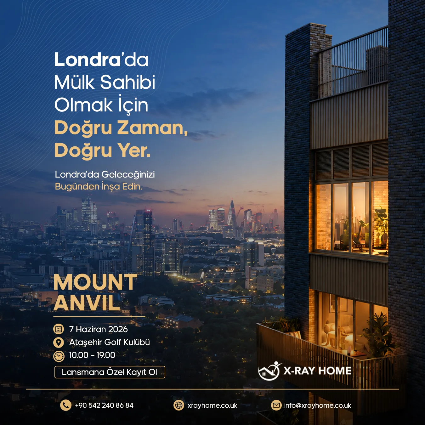 Promotional poster advertising a London property event by Mount Anvil, with a nighttime city skyline and a lit modern building.