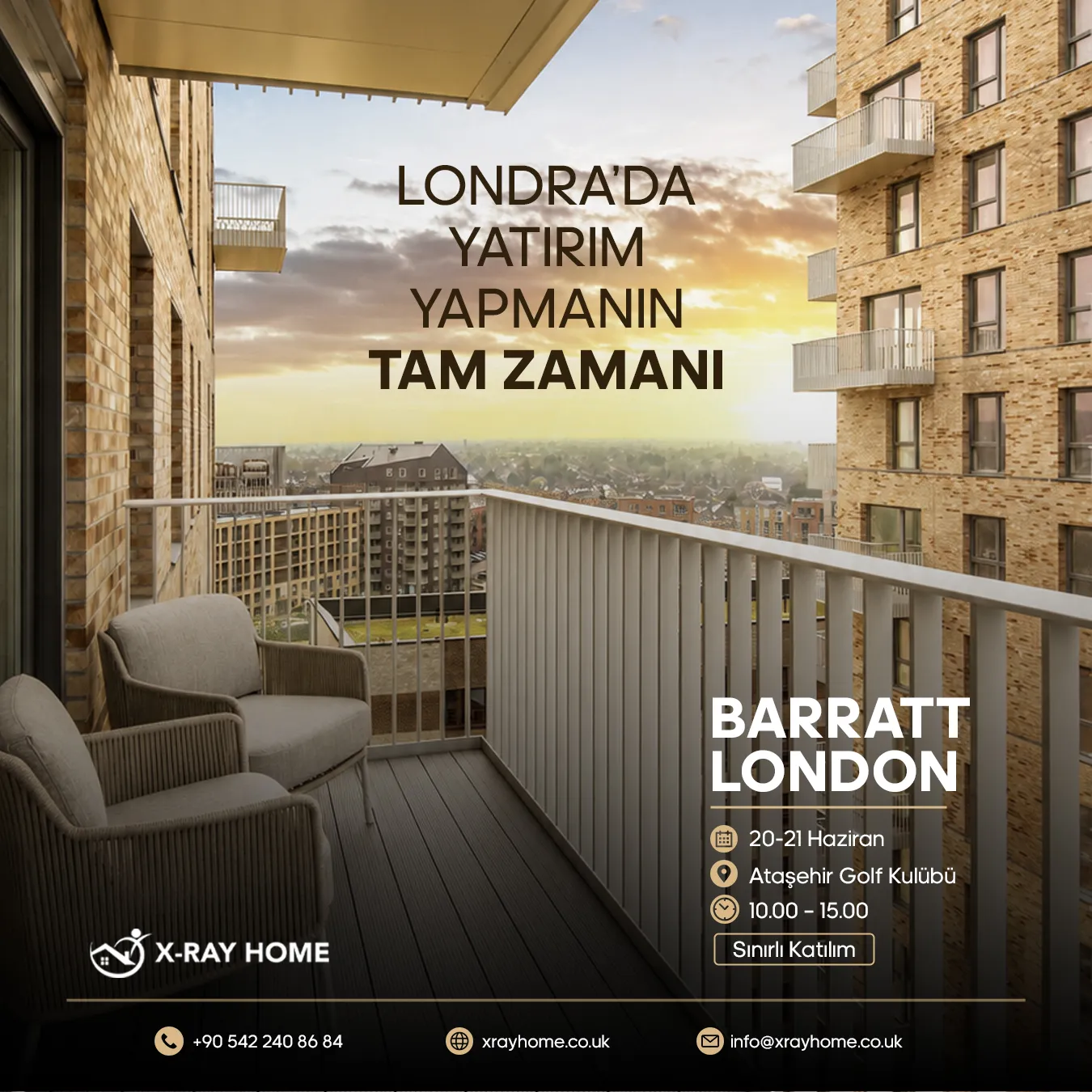Balcony with seating overlooks the London skyline at sunset, featuring Turkish ad text promoting investing in London for Barratt London.