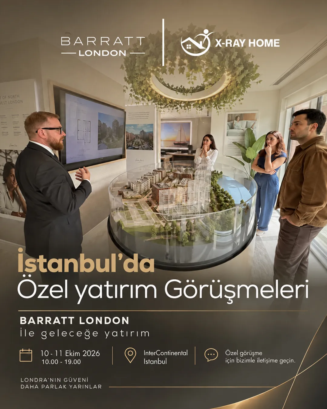 İstanbul'da özel yatırım görüşmeleri için bir toplantı odasında model bir kent planı gösteriliyor, dört kişi dinliyor ve sunumu izliyor.